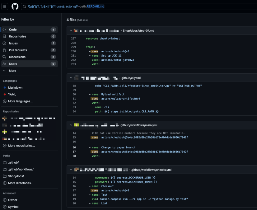 A screenshot of a GitHub Action setup for "uses:acton/checkout"