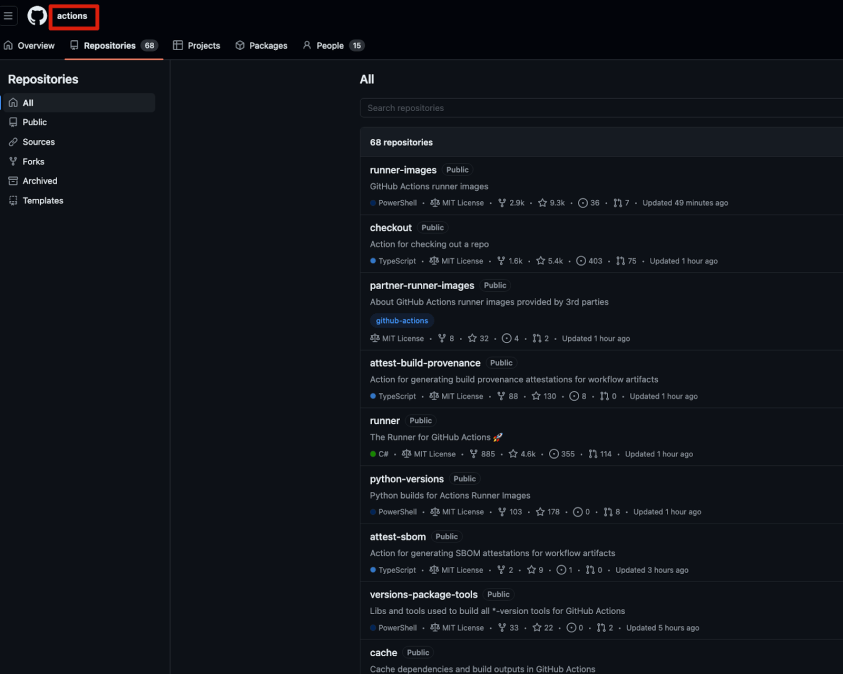 A screenshot of the real ‘actions’ repo