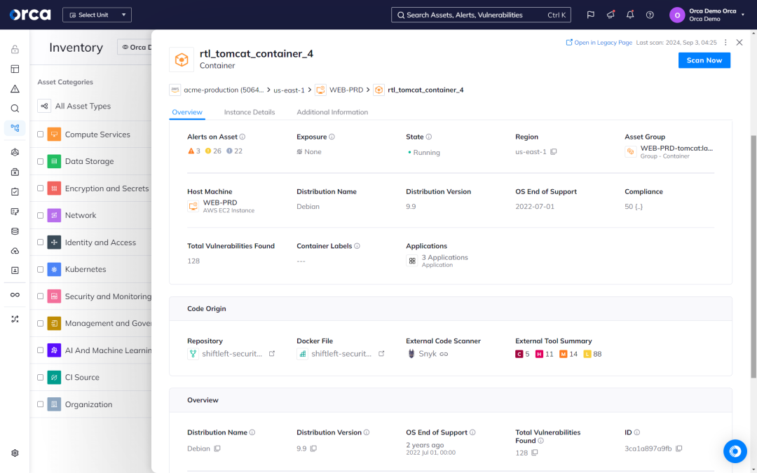  Orca's Inventory dashboard featuring comprehensive cloud-to-dev container metadata, including relevant Snyk findings with other insights into code origins