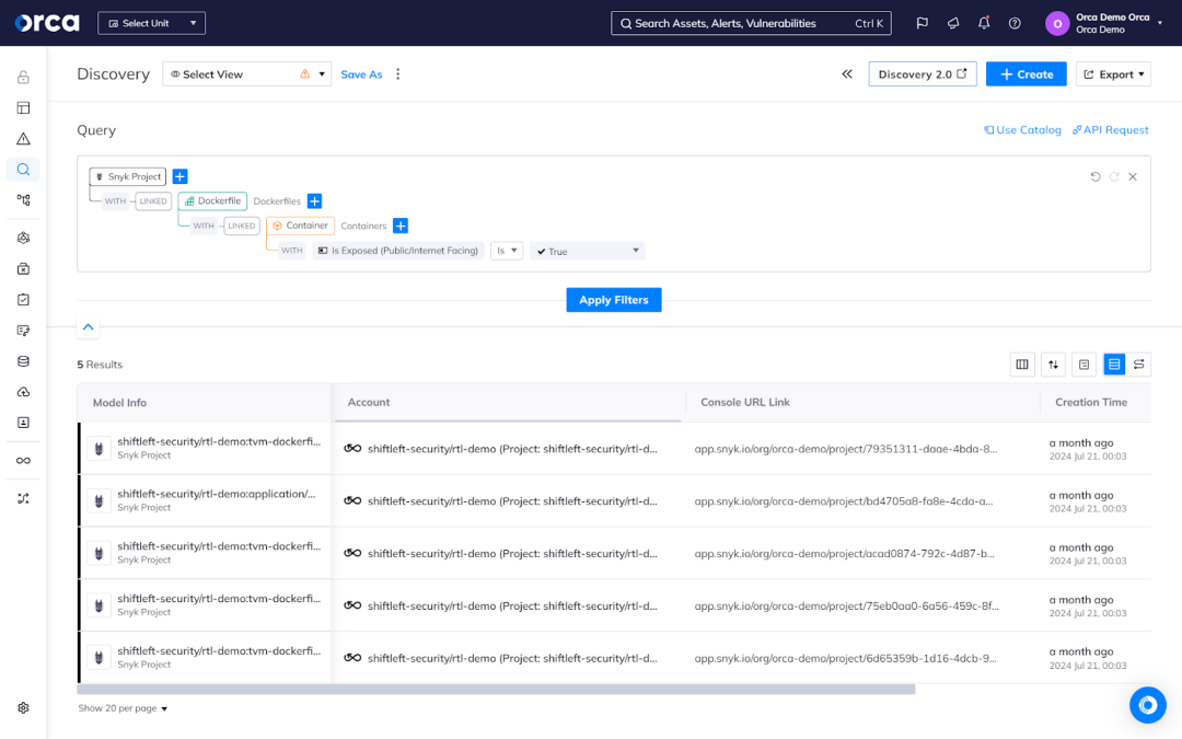 Orca's Discovery dashboard enables users to easily locate Snyk projects with running Internet-facing containers