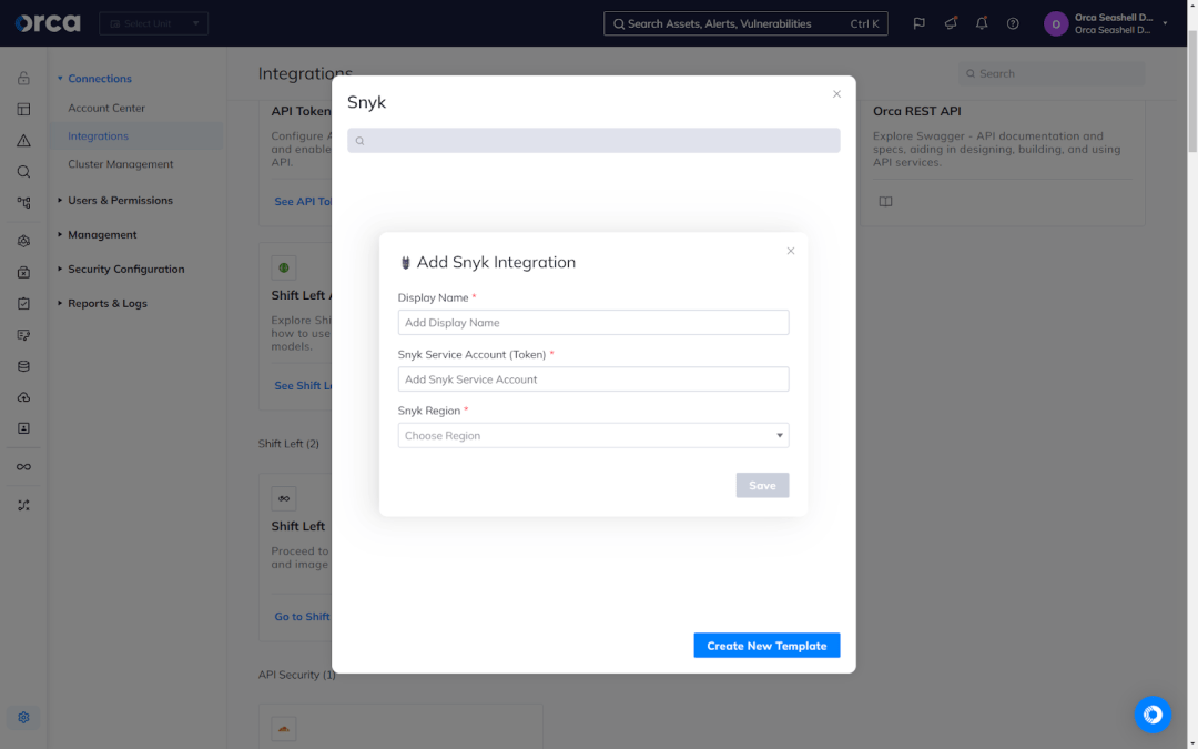 An example of Orca's easy-to-use Snyk integration template to streamline the configuration