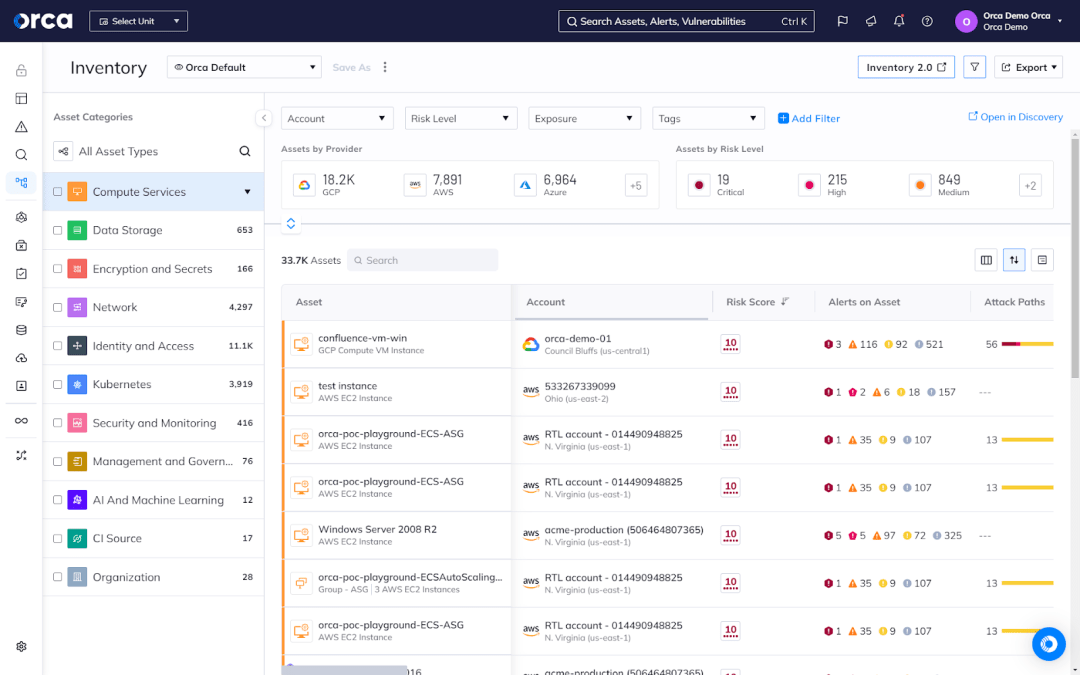 Orca's Platform automatically discovering all cloud assets and risks in your environment and continually updates to provide an accurate view of your cloud estate