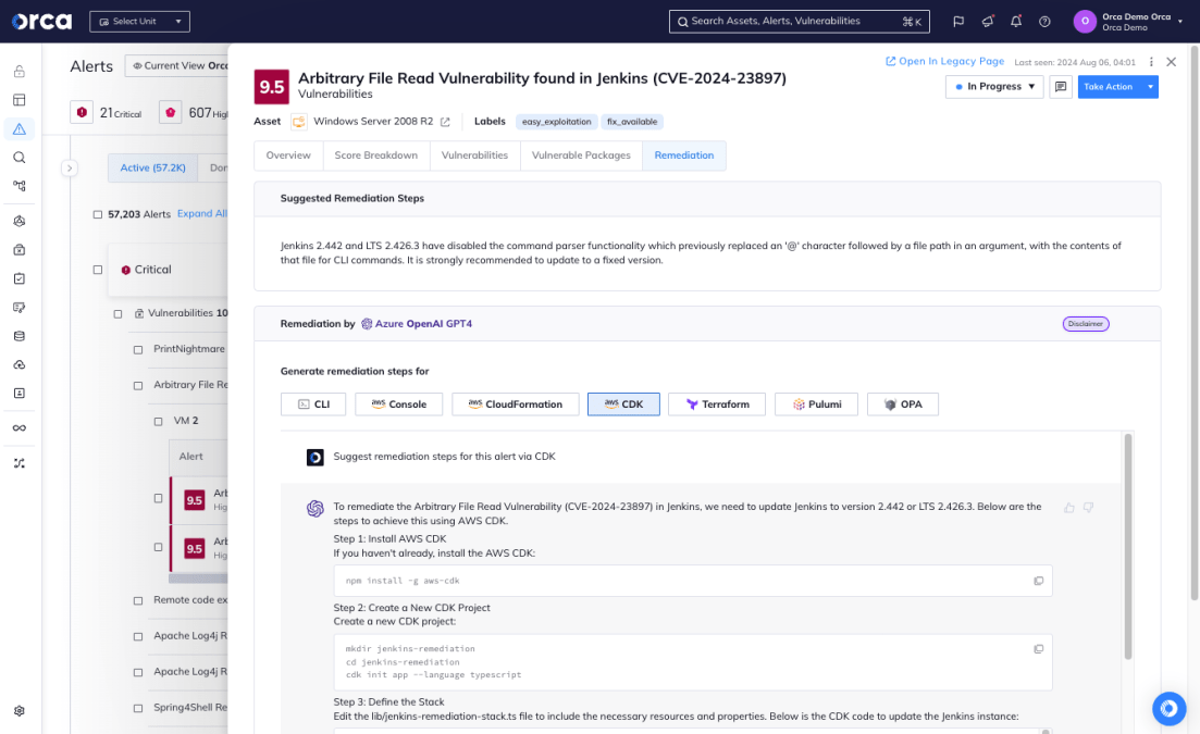 Orca AI tool generating custom remediation code and step-by-step instructions on threat and vulnerability remediation