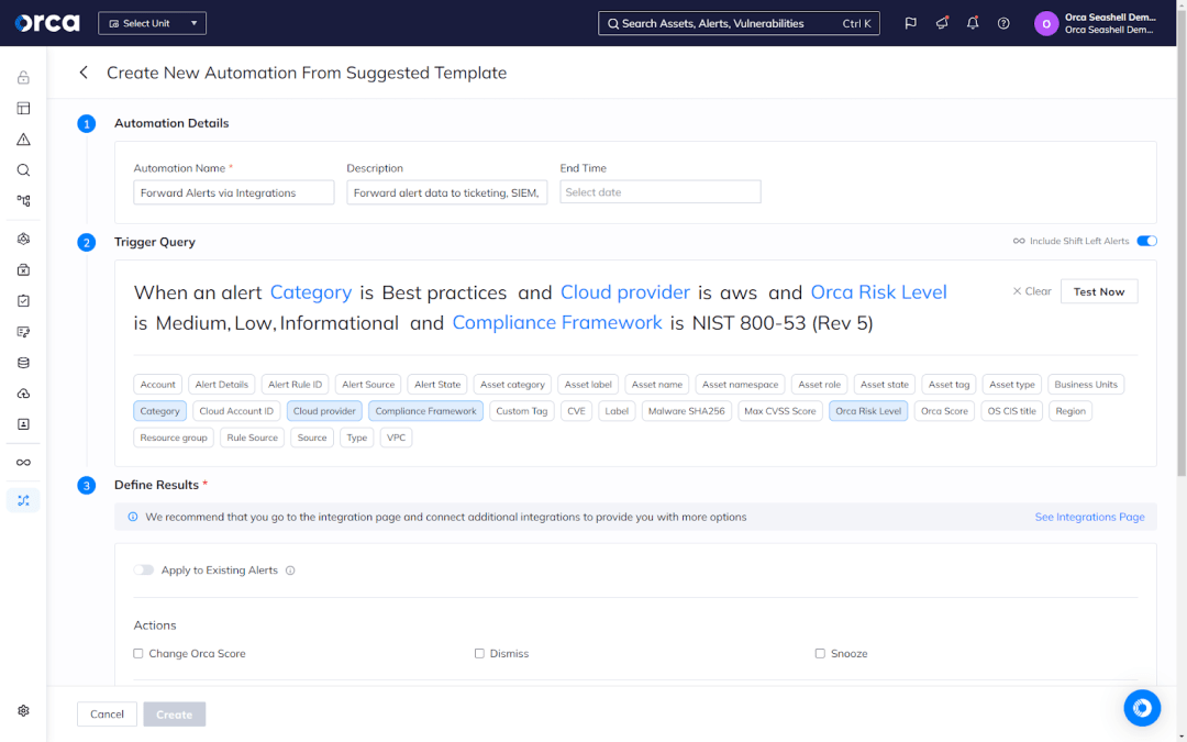 A screenshot of Orca's Platform enabling you to build and customize automations for a variety of cloud security use cases