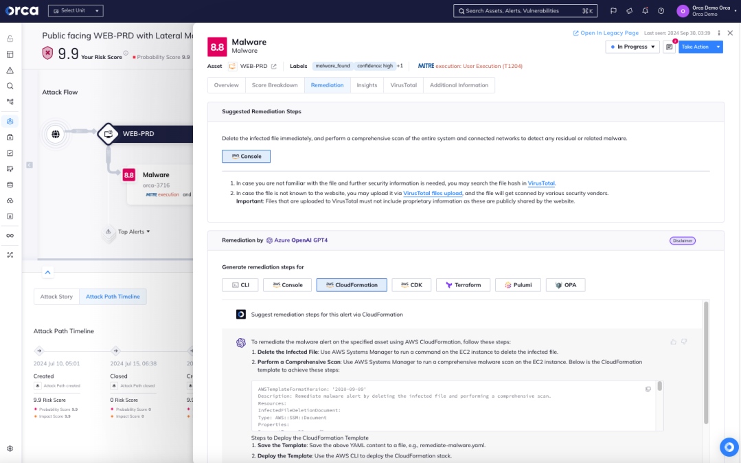 A screenshot of Orca providing automated and guided remediation options that can be integrated with ticketing systems such as JIRA and ServiceNow