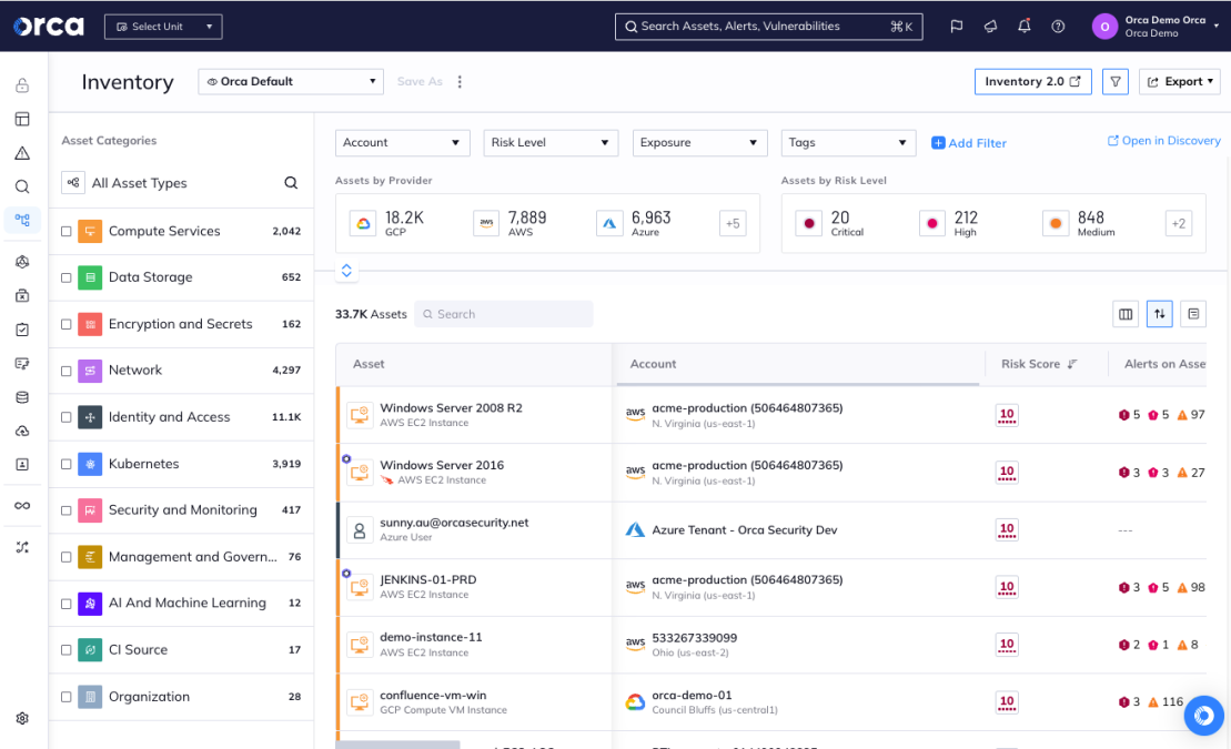 A screenshot of Orca building a complete asset inventory, detects all risks in the environment, and prioritizes them taking the full context into account