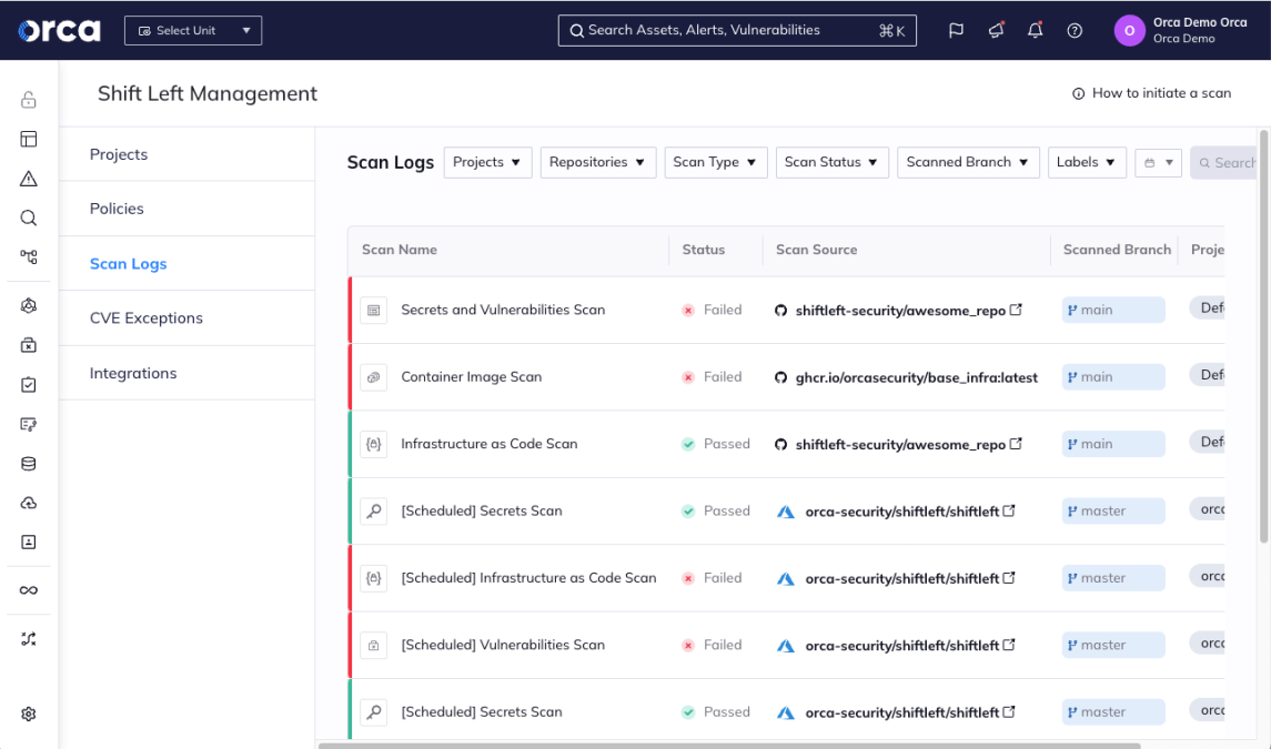 A screenshot of the results of each scan in the Shift Left Management in the Orca Security dashboard