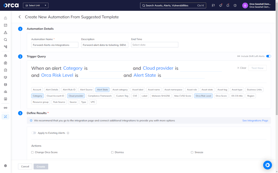 A screenshot of Orca Cloud Security's Platform enabling users to build automated workflows that complete tasks without intervention