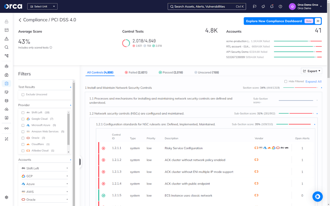 A screenshot of Orca's Platform automatically displaying compliance status after selecting a desired out-of-the-box framework