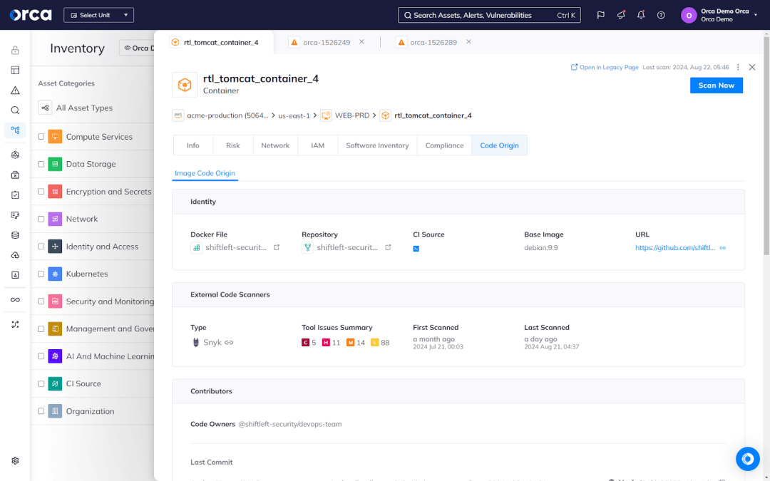 A screenshot of Orca's Platform tracing risks in running containers to their code origins, accelerating Mean Time to Resolution and preventing the recurrence of certain risks