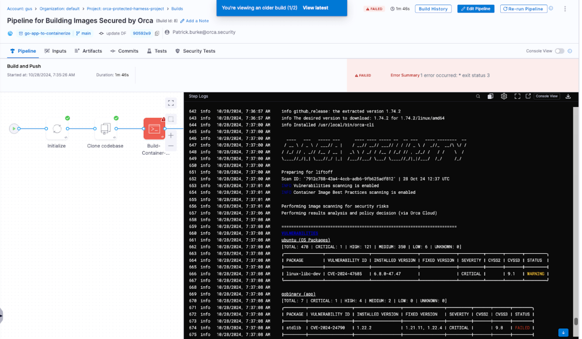 A CI/CD pipeline dashboard showing a failed build in the Build-Container stage due to critical security vulnerabilities detected during a container image scan