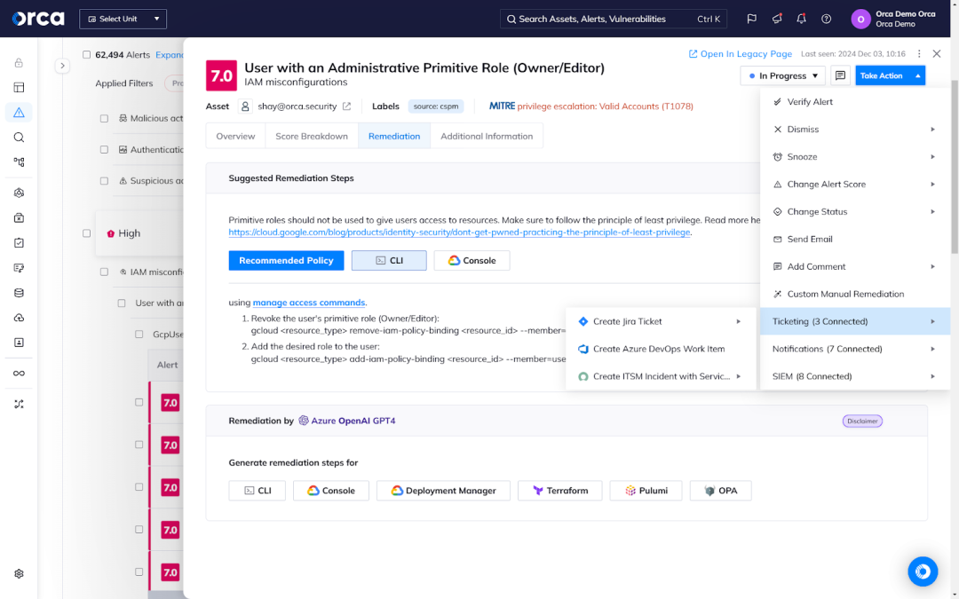 An example of Orca supporting more than 50 technical integrations, including two-way integrations with Jira and ServiceNow that allow security teams to create tickets without leaving the Orca Platform