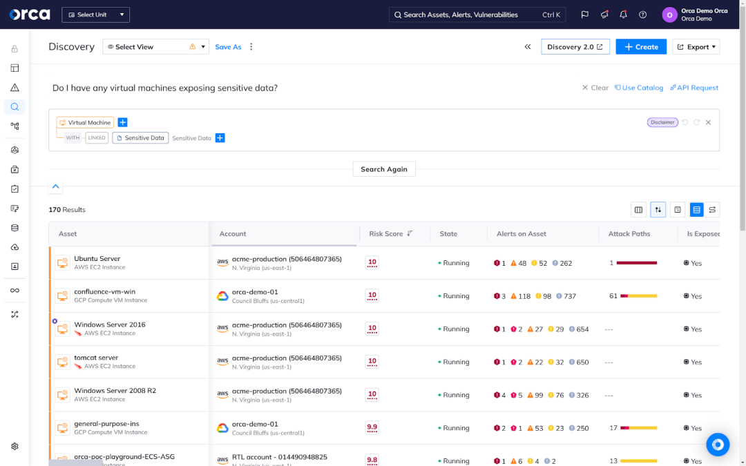 A screenshot of Orca’s AI-Driven Search capability enabling users to discover answers about their cloud resources and risks by asking a question in plain language, with more than 50 languages supported