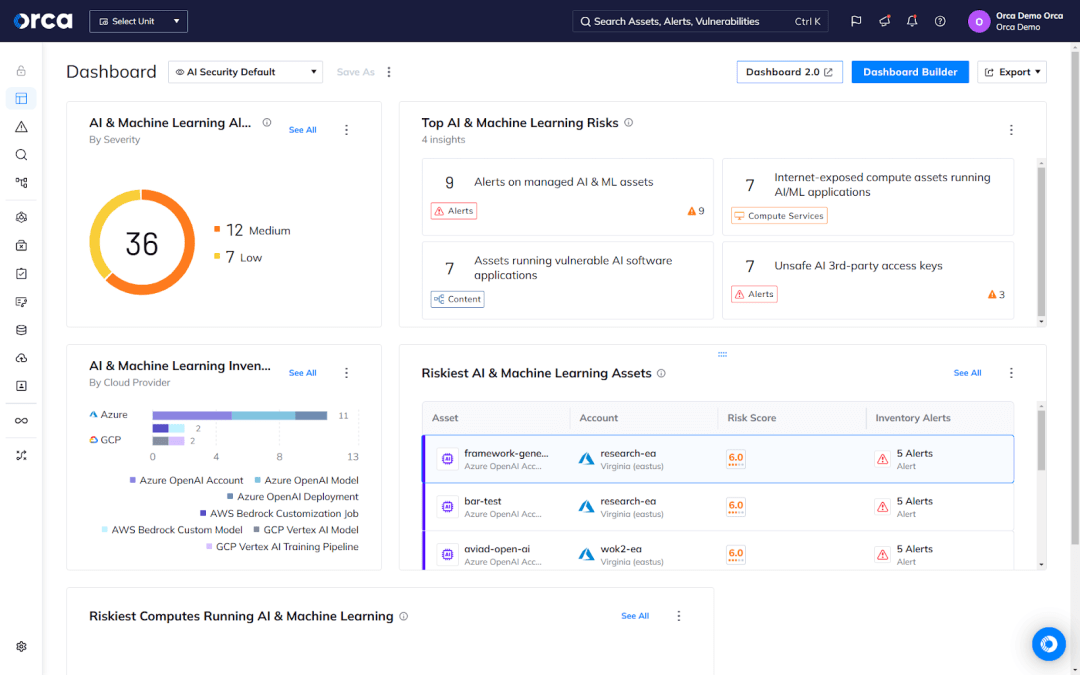 A screenshot of Orca providing a built-in AI Security Posture Management (AI-SPM) solution that covers more than 50 AI services, models, and packages