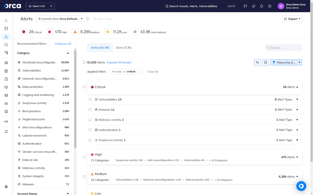An example of the Orca Platform prioritizing risks continually and dynamically based on a comprehensive set of asset-based and risk-based factors
