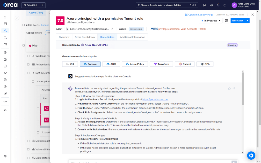 Orca Platform displaying Azure IaM misconfiguration providing AI-Driven Remediation instructions and code tailored to your remediation tools and process