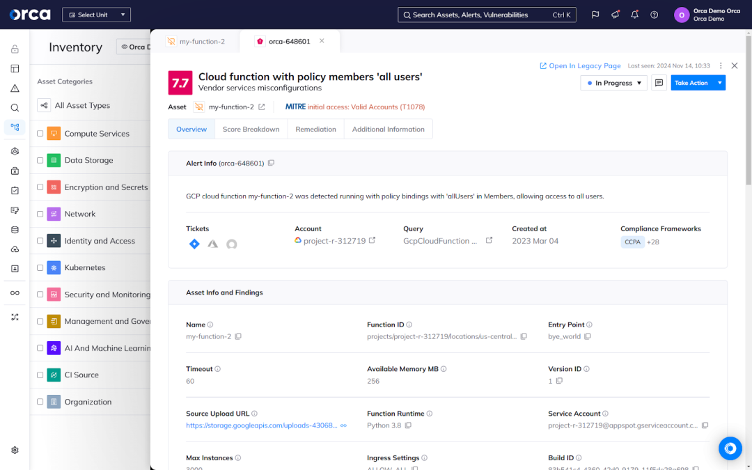 Orca's Cloud Security Platform detecting misconfigurations and all types of Google Cloud security risks