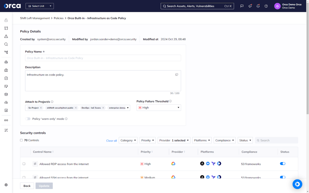 An example of Orca's Platform offering security policies covering Infrastructure-as-Code (IaC), container image, secrets, source code vulnerabilities, and SCM posture management scanning