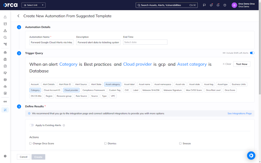 Building customizable automations triggering according defined conditions within the Orca Cloud Security Platform