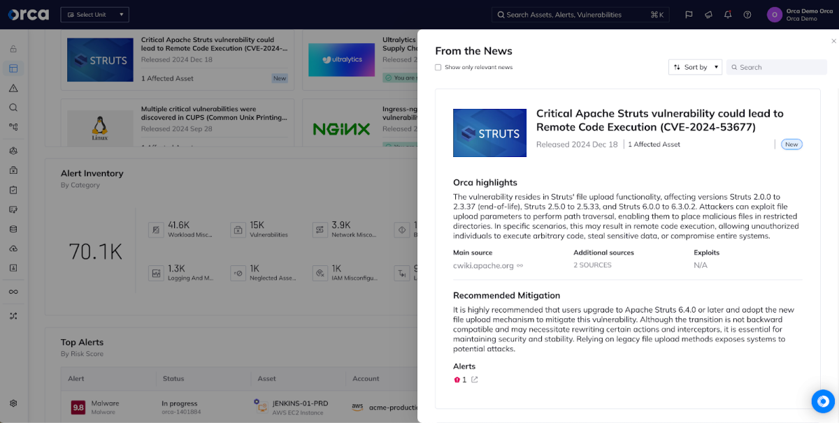 The Orca dashboard shows the “From the News” widget for CVE-2024-53677, showing that this organization has one alert for a vulnerable asset.
