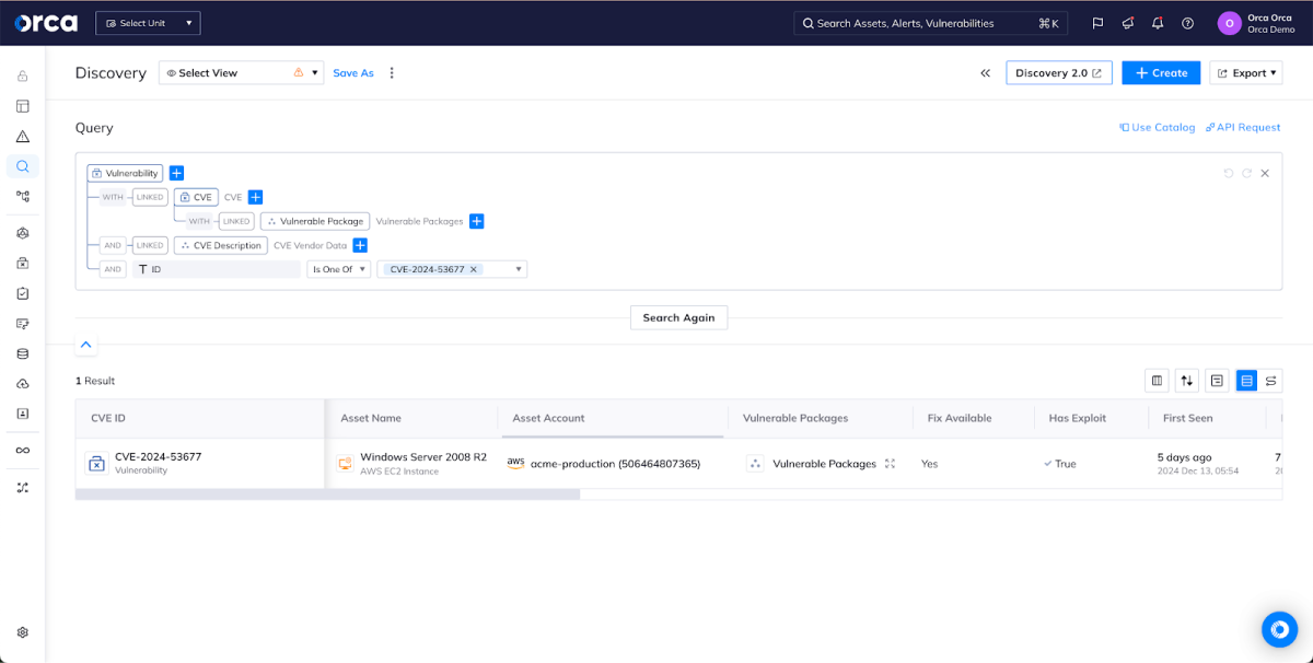 A discovery query in Orca shows all instances of CVE-2024-53677 in the organization’s fleet.