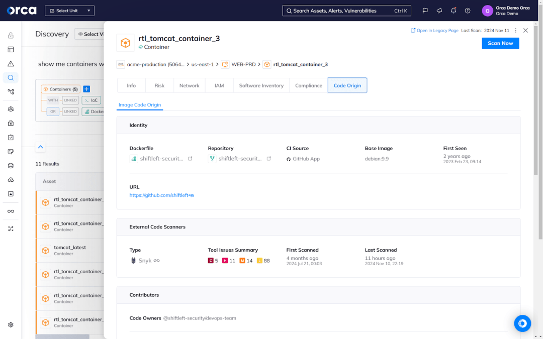 Screenshot showing the Orca Cloud Security Platform tracing runtime risks to their code origins for faster Mean Time to Resolution (MTTR).