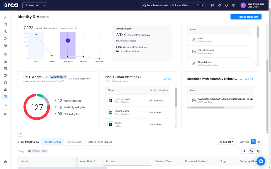 A screenshot of the Orca Platform providing full visibility into your cloud identity and entitlement risks