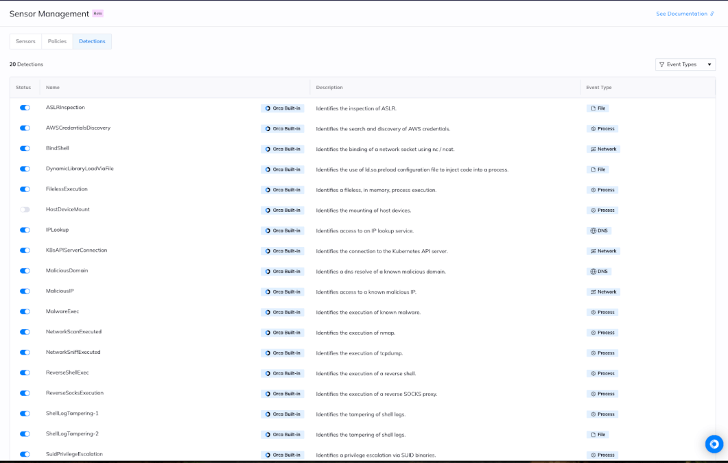 A screenshot of the Orca Sensor providing an extensive list of built-in detection policies