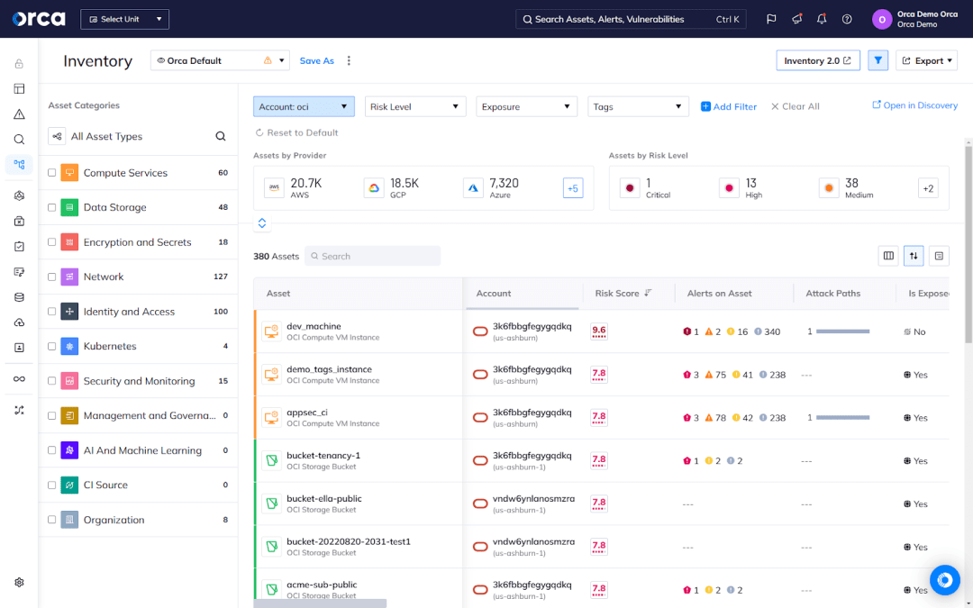 An example of the Orca Cloud Security Platform discovering all existing and future cloud assets across a multi-cloud estate