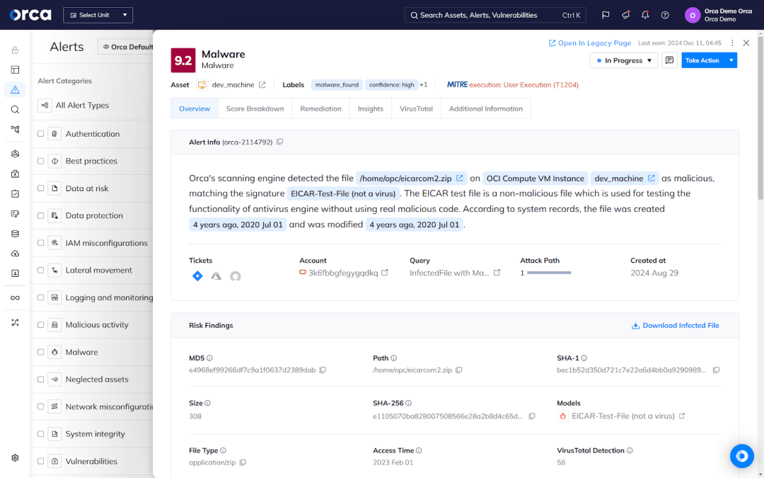 An example of the Orca Platform prioritizing alerts based on a variety of asset- and risk-based factors, which it analyzes in the context of a cloud environment