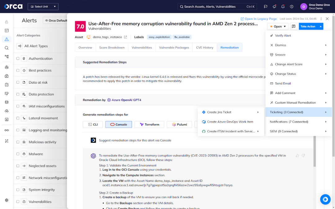 A screenshot of risk remediation where security teams can create tickets from the Orca Platform and include instructions and code to assist developers
