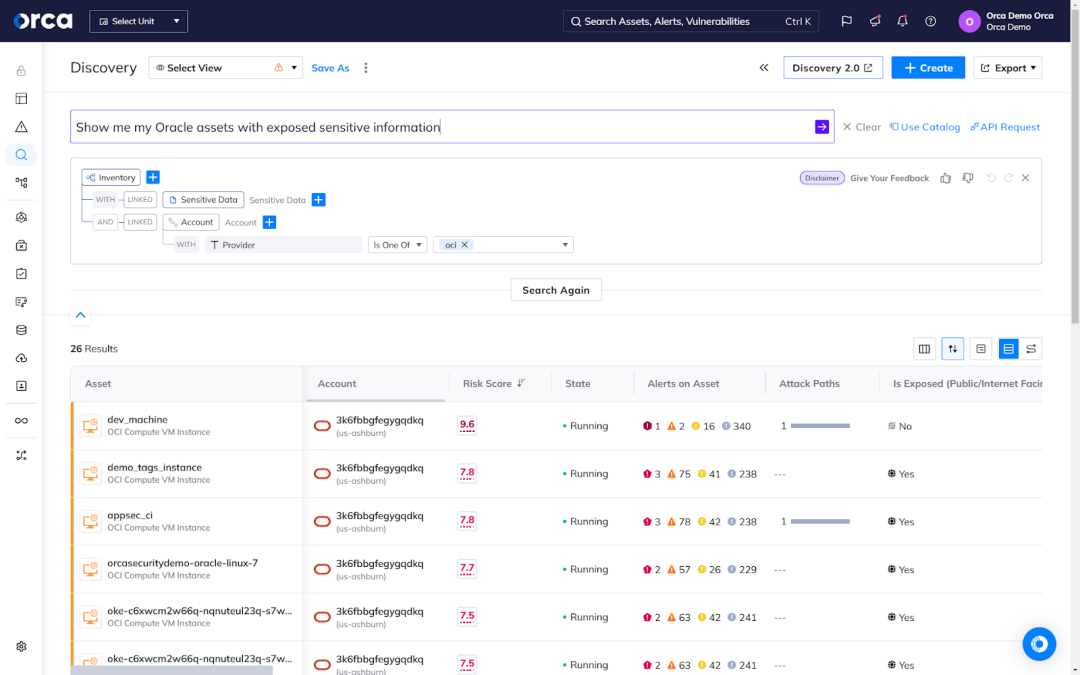 A screenshot of the Orca Platform’s AI-Driven Search feature enabling you to better understand your cloud resources by answering any question in plain language