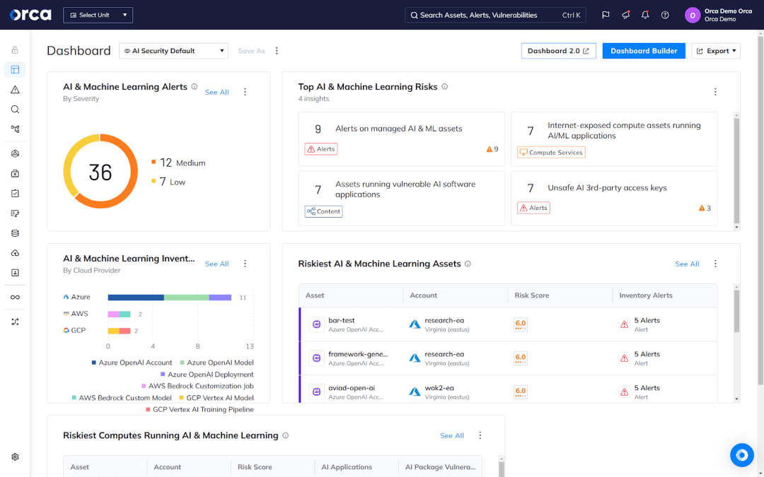 An example of the Orca Platform providing full visibility into and coverage of your AI risks