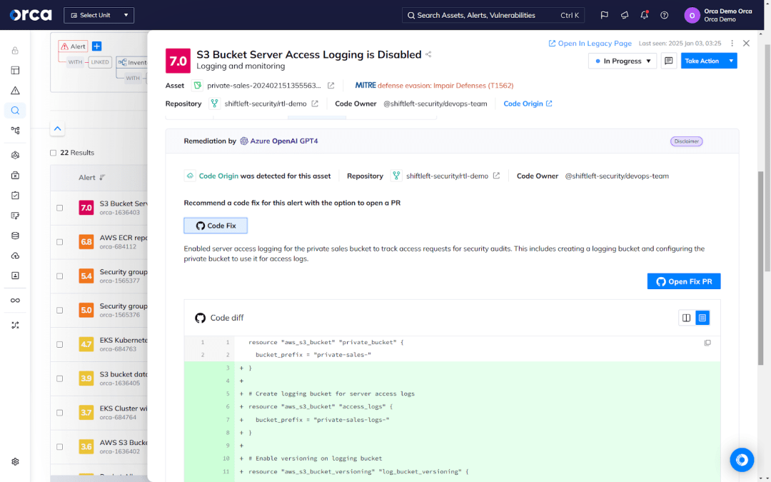 A screenshot of Orca’s AI-Driven Remediation feature enabling teams to accelerate remediations for IaC issues and code vulnerabilities at any phase of the application lifecycle