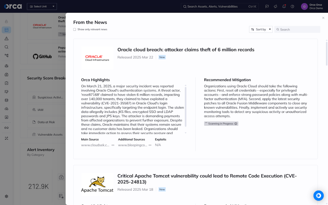 Alert in Orca Cloud Security Platform regarding Oracle Cloud breach with important details and recommended mitigation instructions