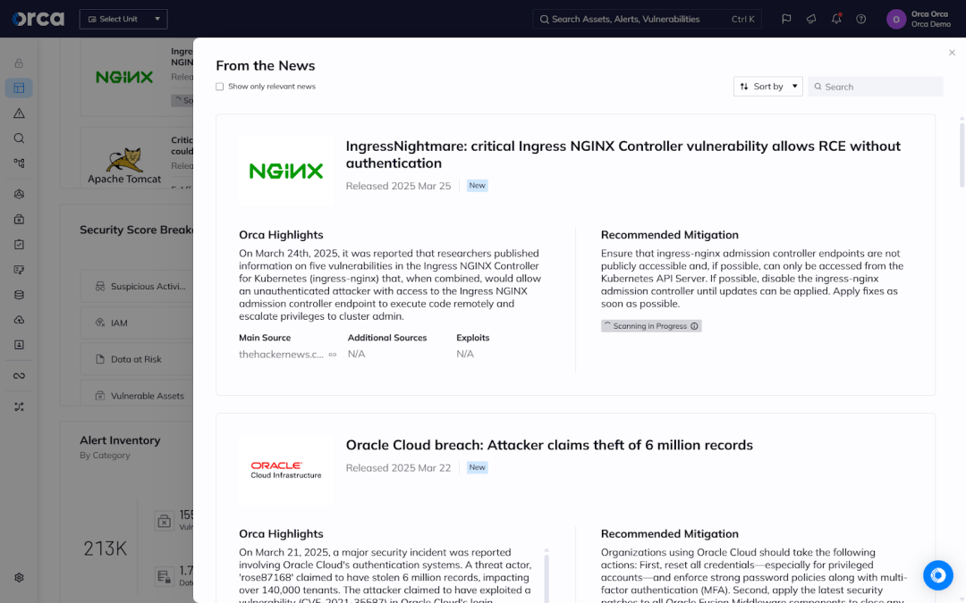 A screenshot of the Orca Platform's "From the News" widget showing your exposure to trending vulnerabilities
