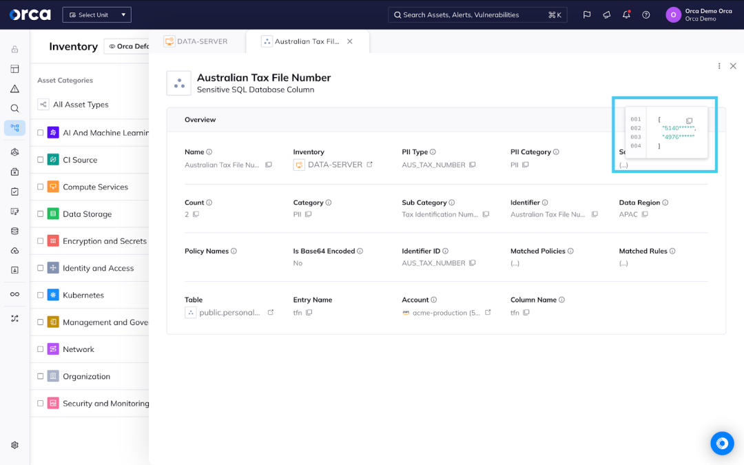 A screenshot of the Orca Platform discovering all sensitive data in the cloud