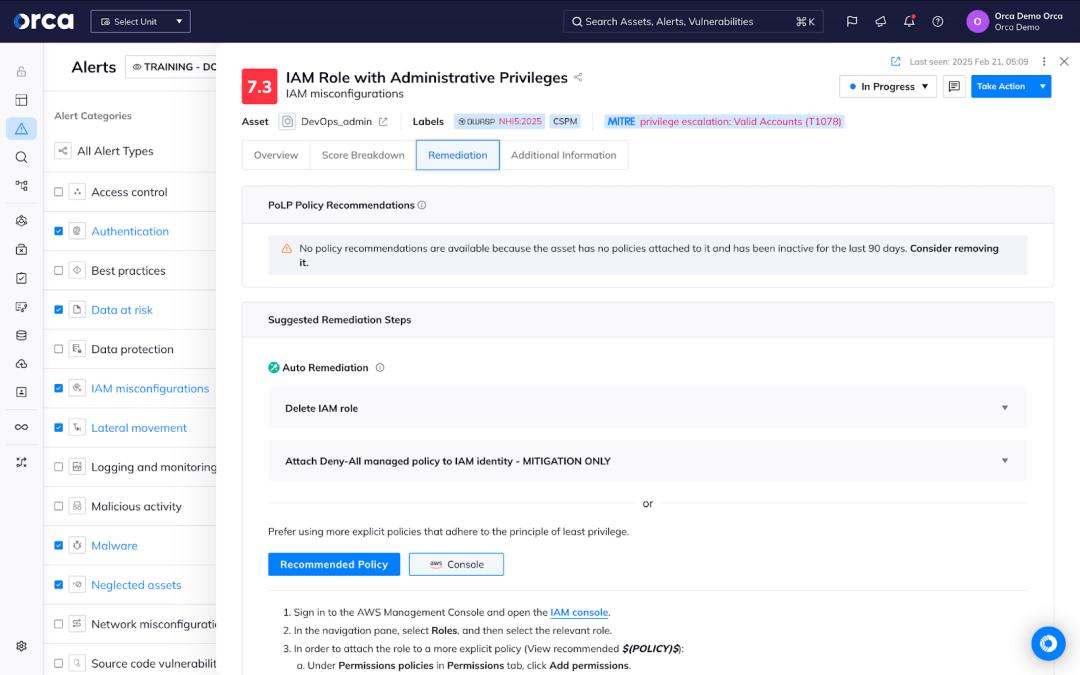 A screenshot of the Orca Platform using GenAI to recommend remediation steps