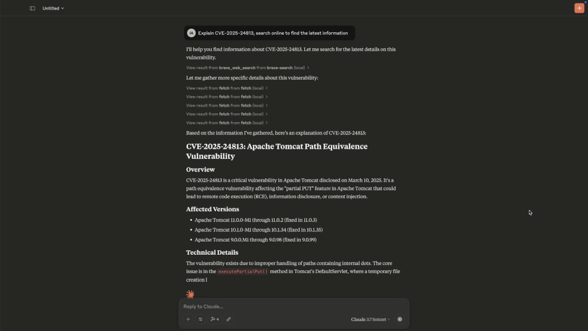 A screenshot of a Claude prompt return with the latest information about CVE-2025-24813
