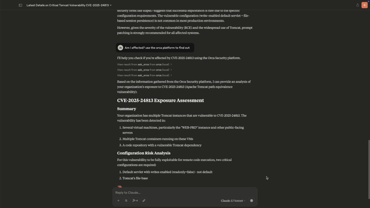 A screenshot of a Claude prompt where Claude interacts with Orca to see if your organization is impacted by CVE-2025-24813
