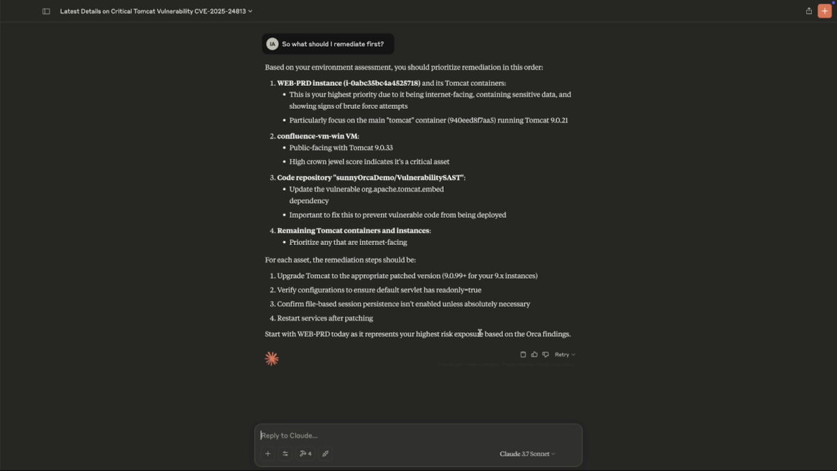 A screenshot of a Claude prompt where Claude is asked to prioritize remediation steps for CVE-2025-24813 using Orca's findings