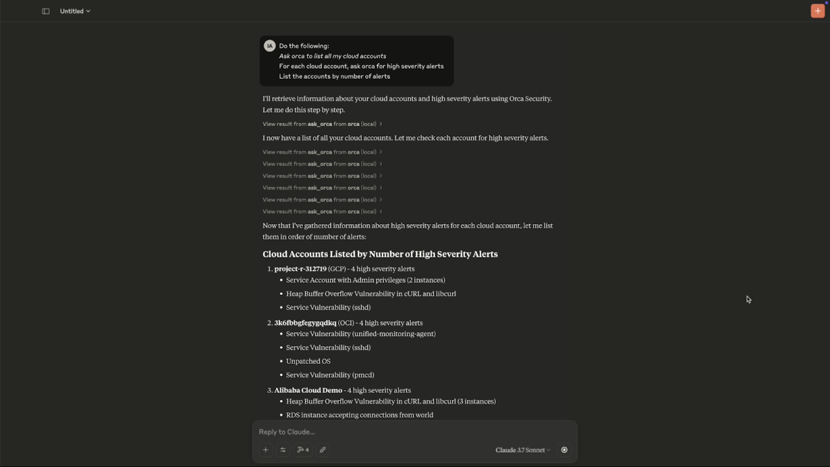 A screenshot of a Claude prompt chaining a series of Orca queries