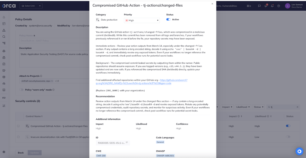A screenshot of the Orca platform highlighting changed files from tj-actions vulnerability