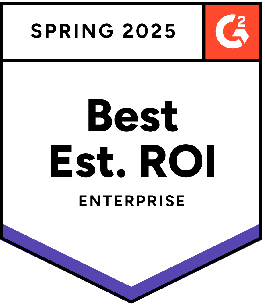 A G2 badge displaying Orca Security as a Spring 2025 best est. ROI for enterprise customers