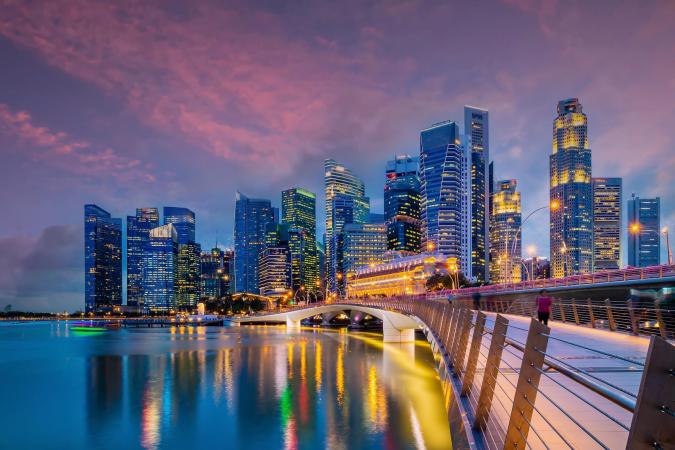 Downtown Singapore city skyline. Cityscape of business district area at twilight