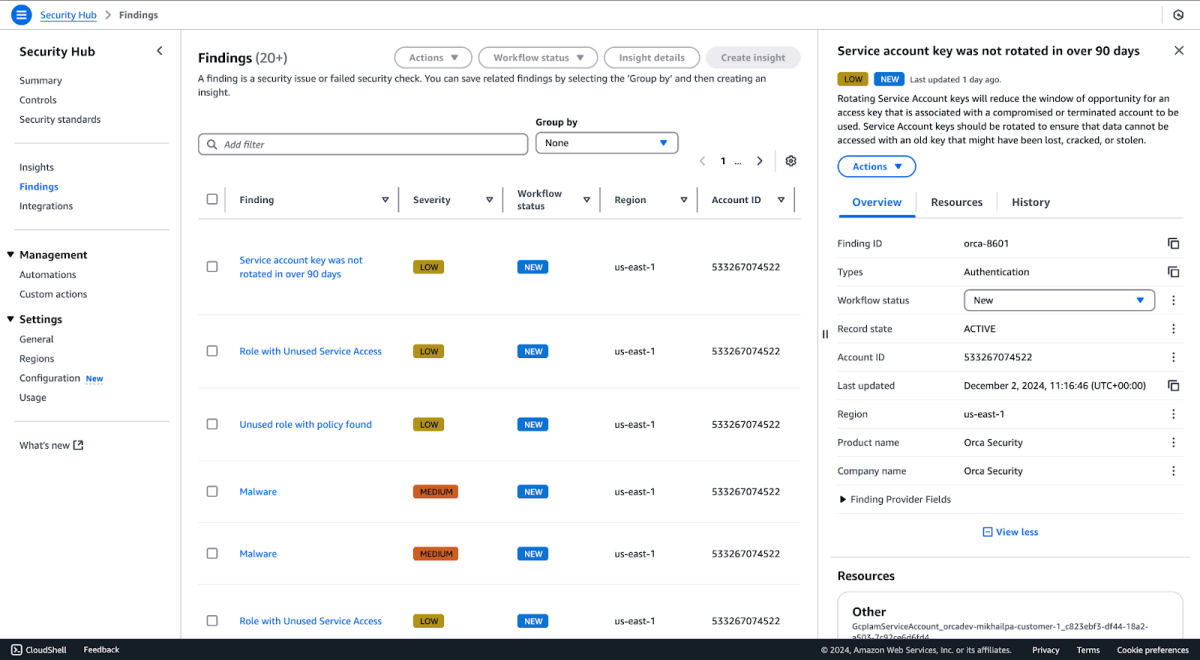 A screenshot of the AWS Security Hub displaying risk findings from the Orca platform