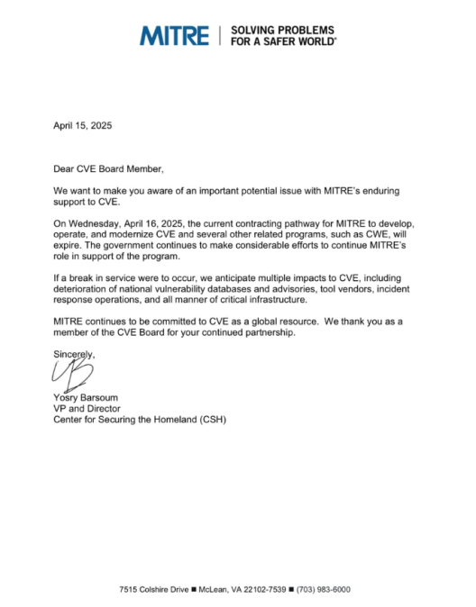 A screenshot of the board notice sent by MITRE informing members that the CVE program contract was set to expire
