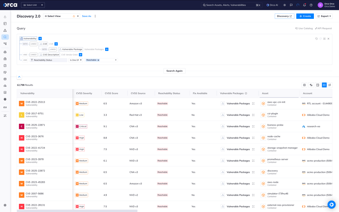 A screenshot of the Orca platform showing reachable vulnerable software packages