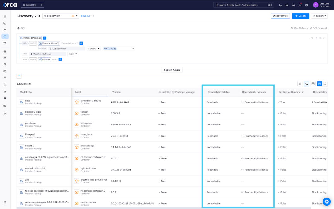 A screenshot of the Orca platform displaying agentless reachability analysis