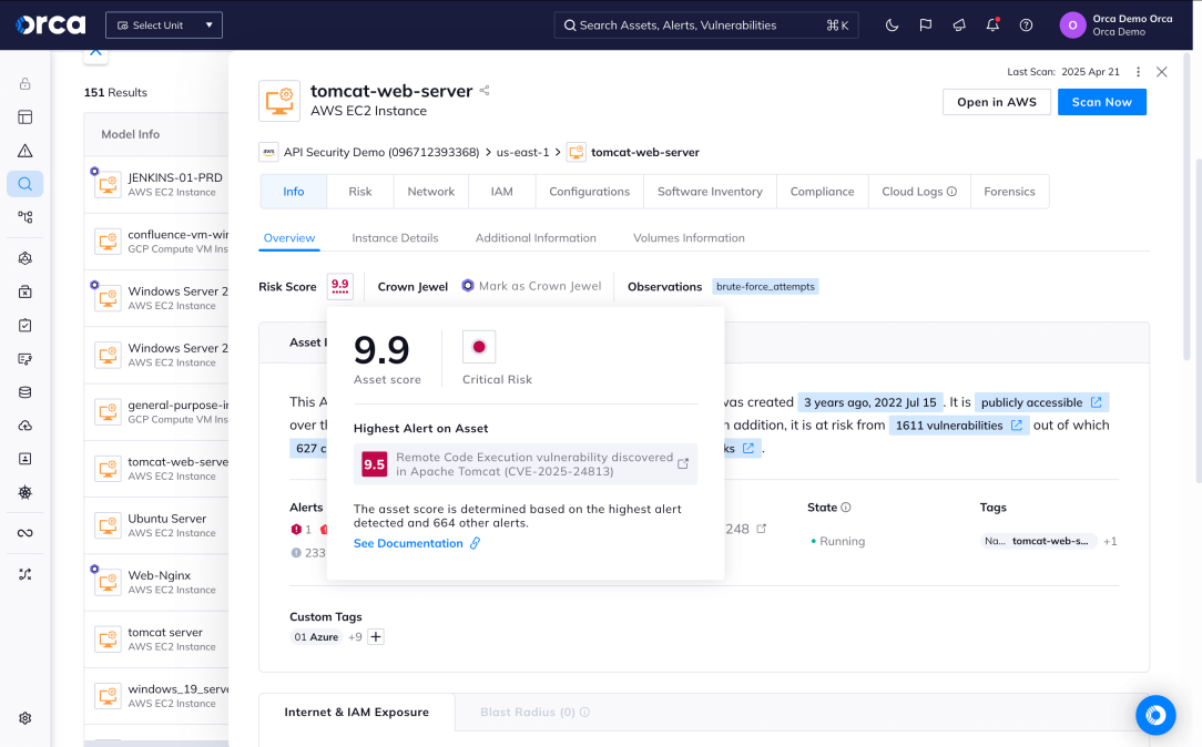 A screenshot of the Orca platform showing an overview of a cloud asset